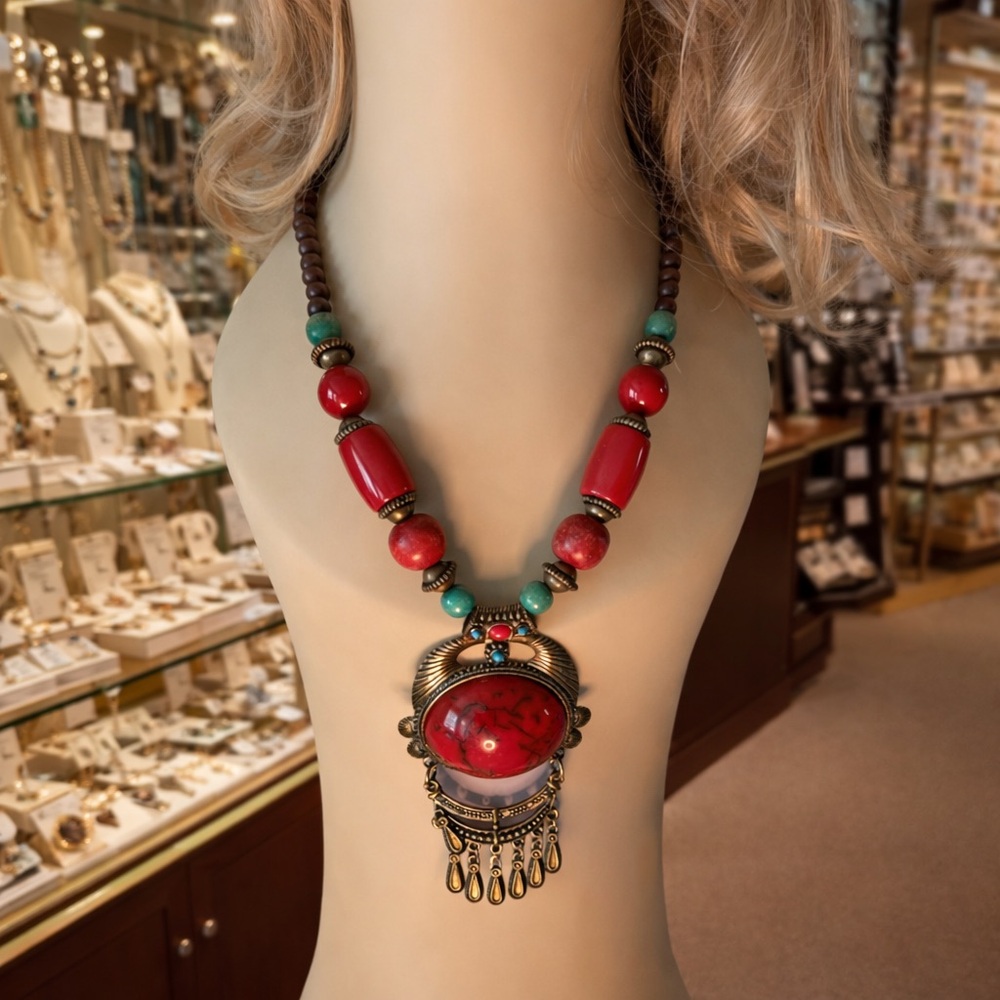 🔥 Bold Boho Statement Necklace – Red & Turquoise Tribal Pendant 🔥